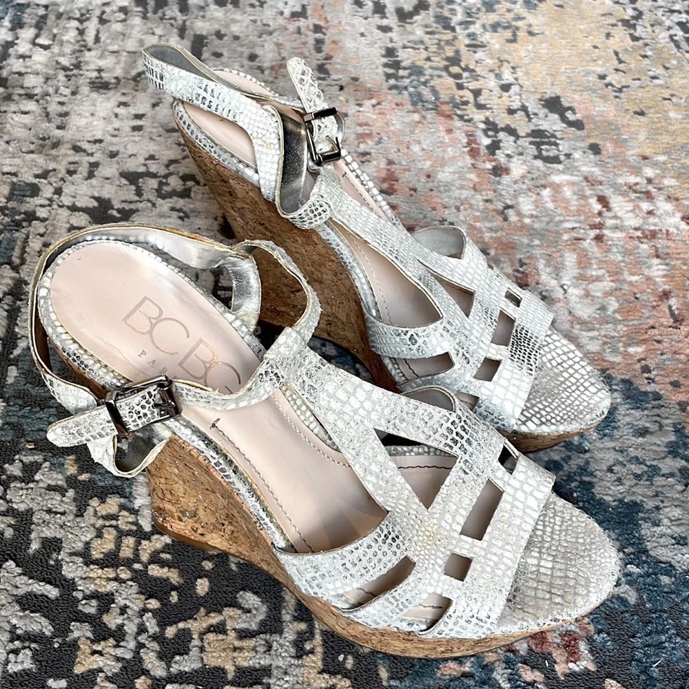 BCBG Paris sliver sparkle cork wedges.